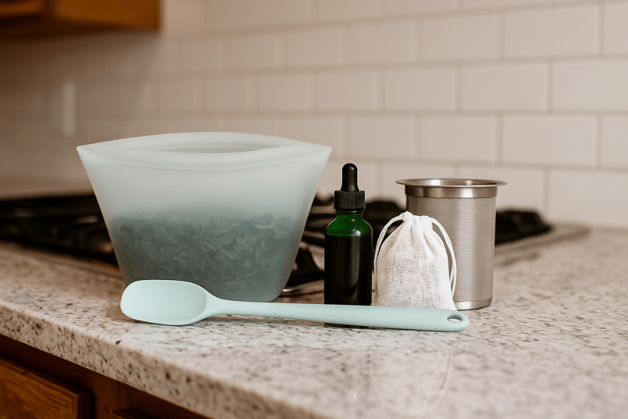 Home cannabis infusion tools on a kitchen counter, including a silicone pouch with herbs, dark green dropper bottle, mesh strainer, cloth sachet, and spatula.