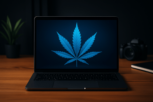 Blog cover image showing a modern laptop with a stylized cannabis leaf graphic, captured in cinematic dusk tones with Texas-inspired brand aesthetic