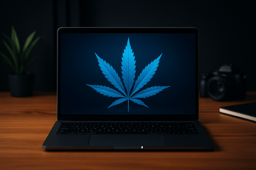 Blog cover image showing a modern laptop with a stylized cannabis leaf graphic, captured in cinematic dusk tones with Texas-inspired brand aesthetic