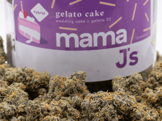 image of mamajs gelato cake packaging, with buds surrounding it.