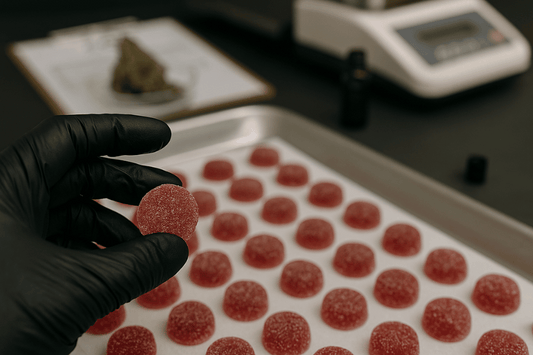 Close-up of handcrafted hemp gummies on tray for TexaKana Organics blog cover