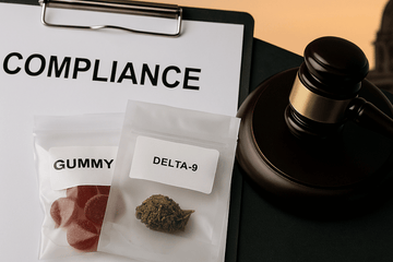 Compliance-themed image showing Texas hemp regulation concept — desk with Texas map, TABC documents, and hemp leaf sample.